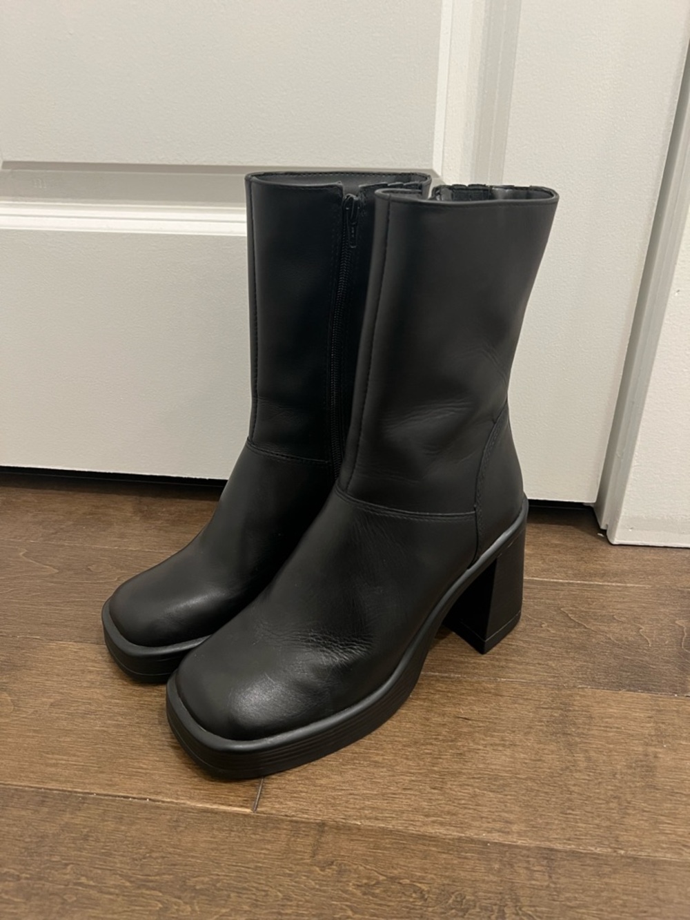Steve Madden Black Platform Block Heel Leather Boots